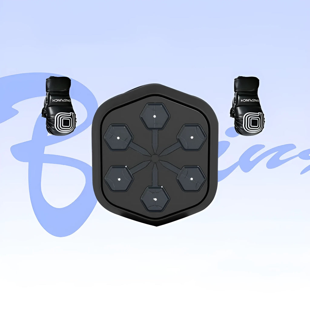 Black smart music boxing machine with Bluetooth connection and included gloves on a stable surface.