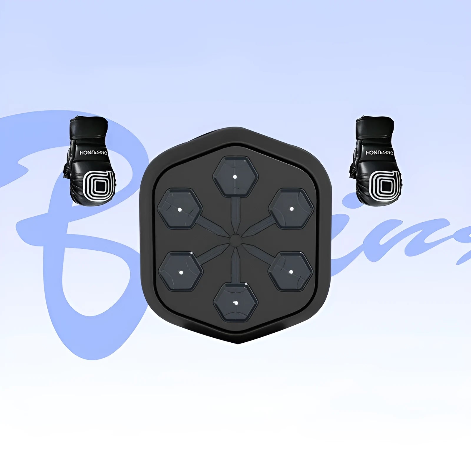Black smart music boxing machine with Bluetooth connection and included gloves on a stable surface.
