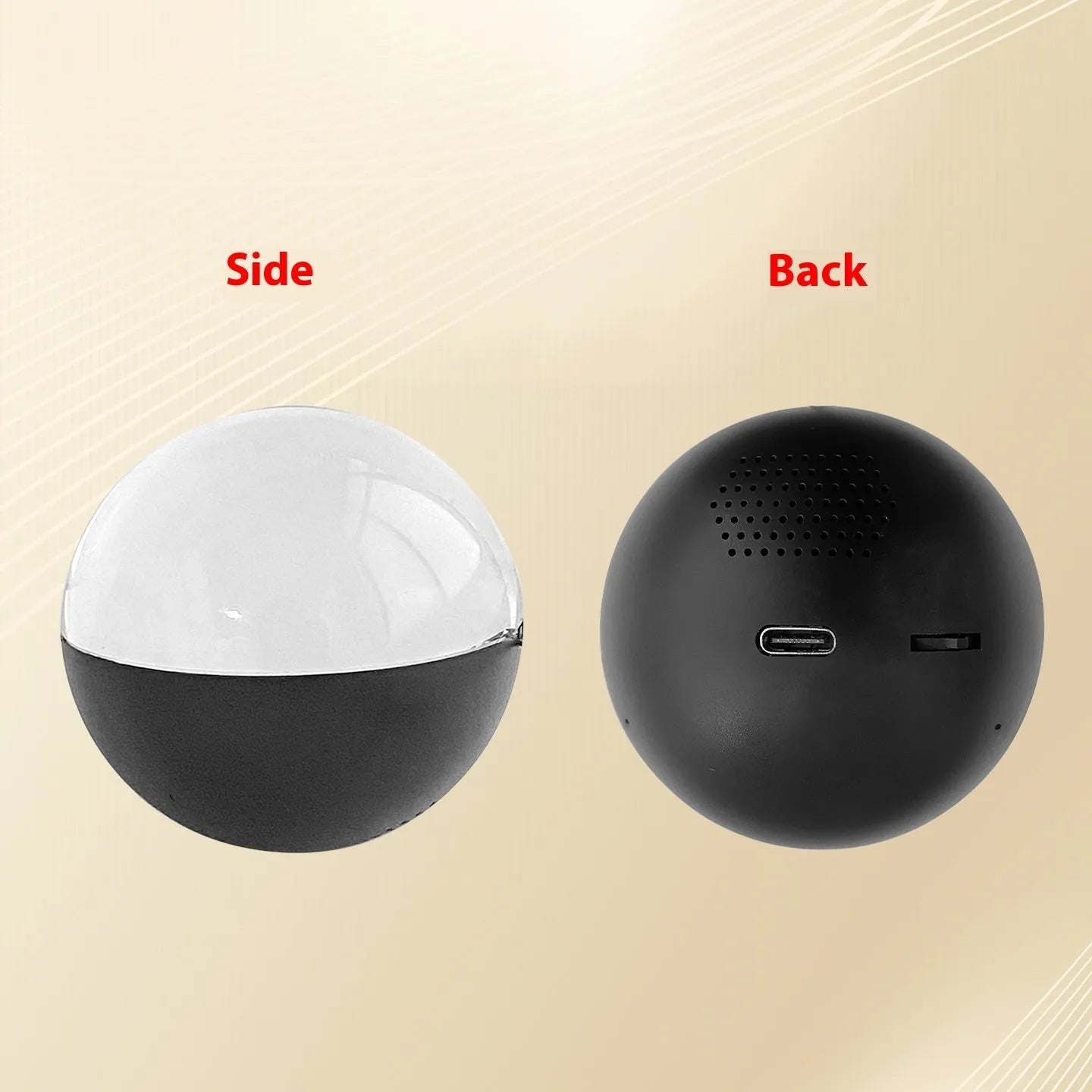 Electronic ball video player with circular screen showing multimedia playback