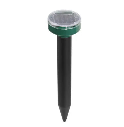 Solar ultrasonic mouse repeller with solar panel, black casing, designed for ground resonance pest control