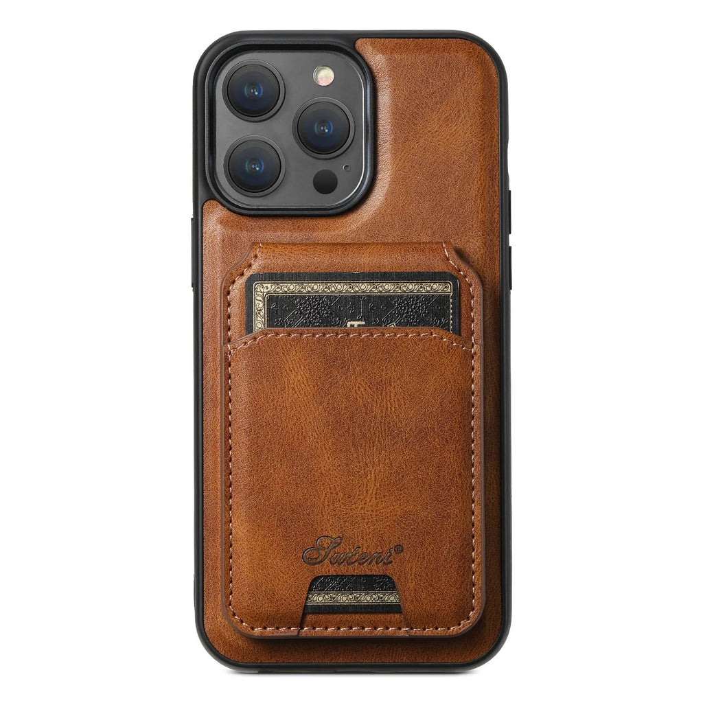 Black silicone iPhone case with Magsafe ring and rear card slot, showing oil wax pattern texture.