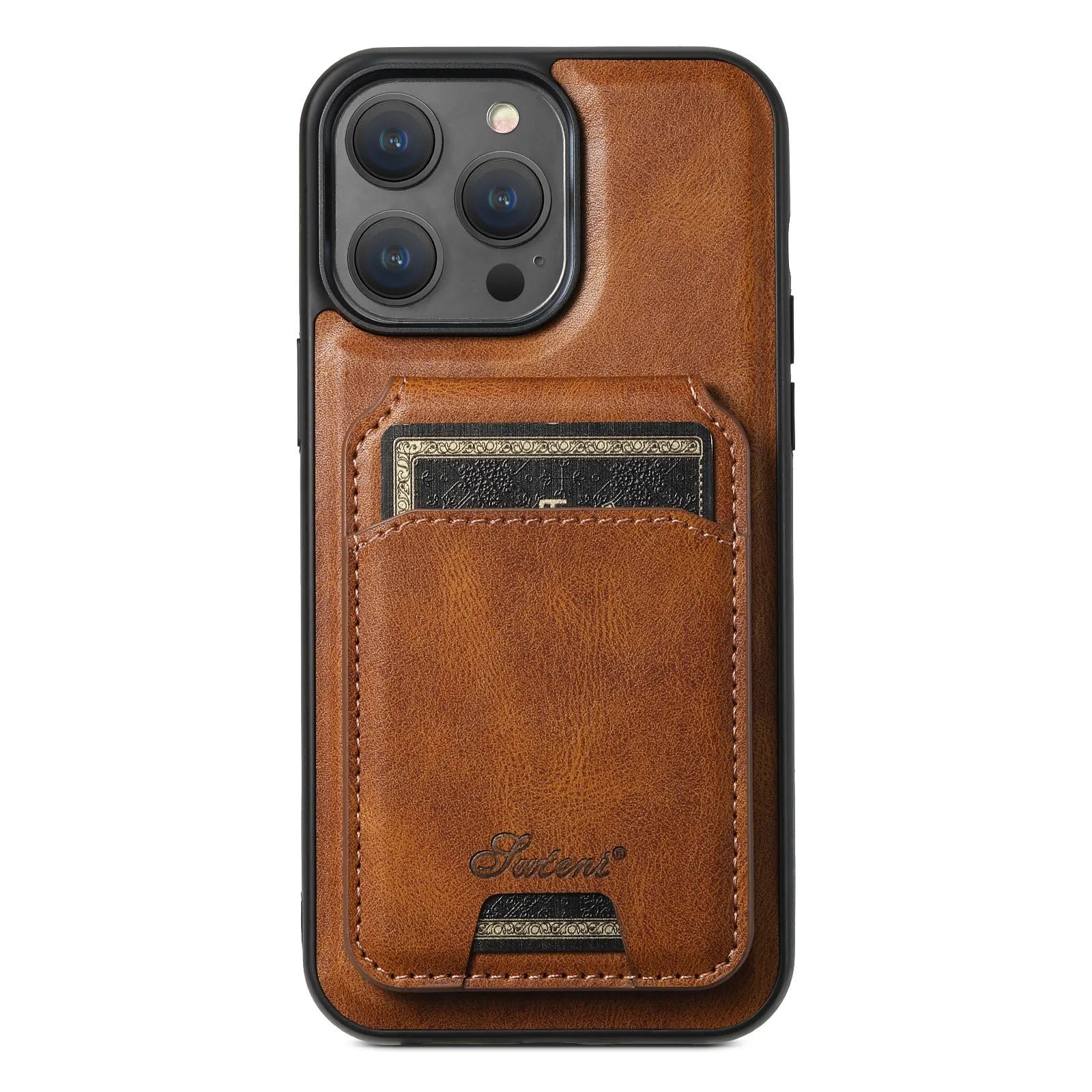 Black silicone iPhone case with Magsafe ring and rear card slot, showing oil wax pattern texture.