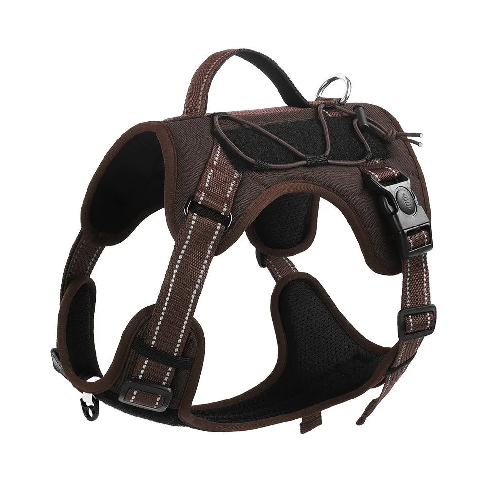 Orange reflective dog harness vest with explosion-proof hand-holding rope on a model dog