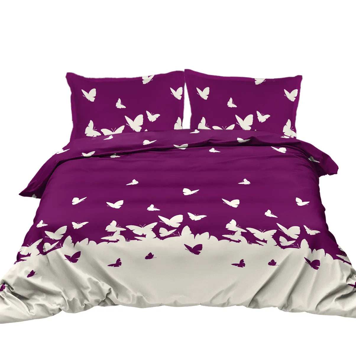 Purple butterfly 3-piece microfiber comforter set with reversible design on a bed