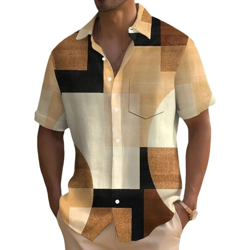Man wearing a loose-fit short sleeve cardigan shirt with a blue and white 3D printed geometric square pattern.