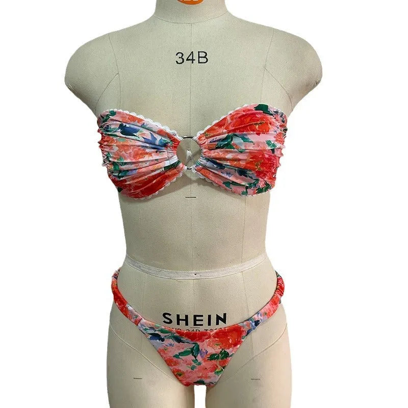 Women's printed floral bikini with lace trim and backless tube top design