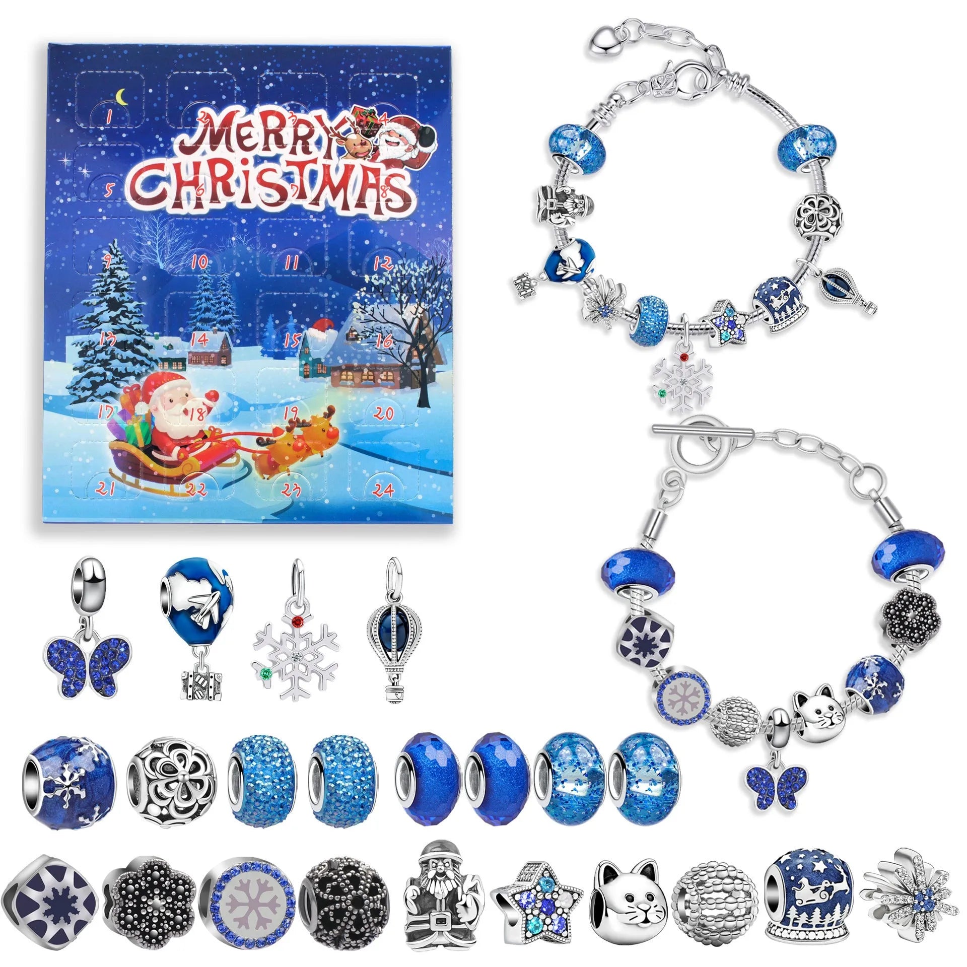24 grid Christmas advent calendar in blue with flip doors and zinc alloy bracelet blind boxes