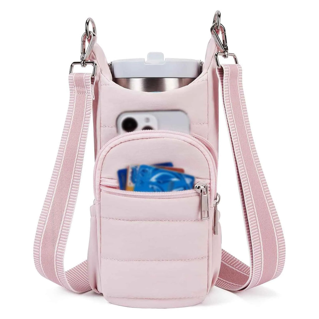 Cloth bicycle water bottle bag in modern minimalist style showing black, pink and beige colour options