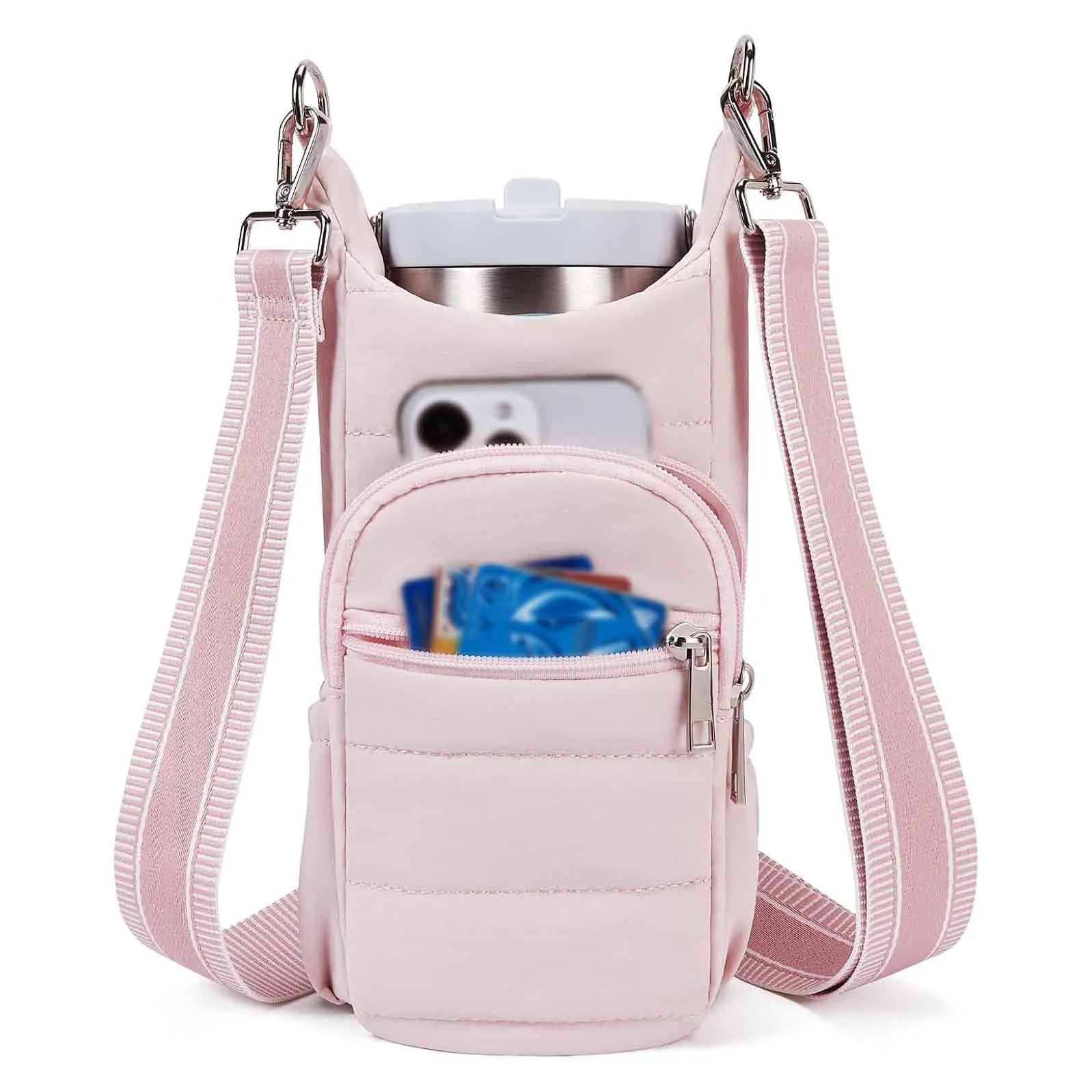 Cloth bicycle water bottle bag in modern minimalist style showing black, pink and beige colour options