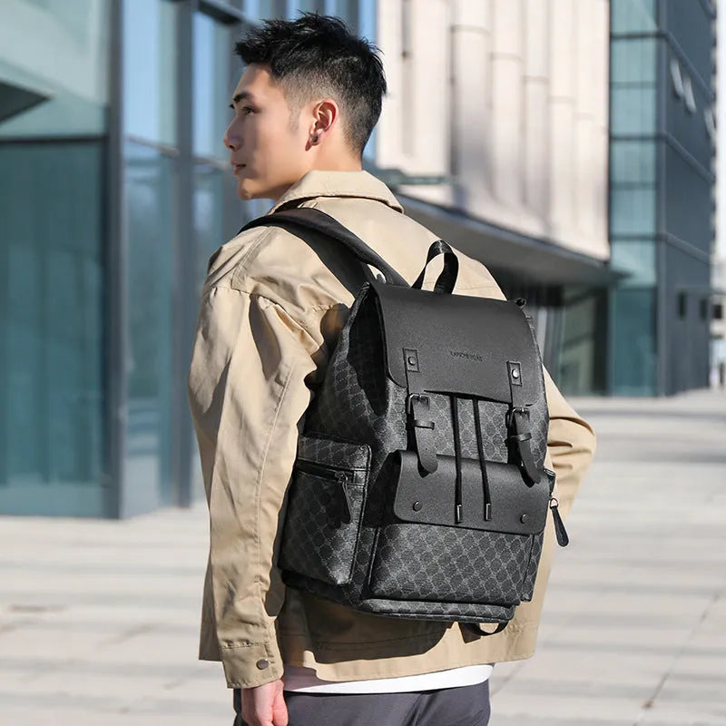 Men's plaid backpack in black round plaid with PU outer, polyester lining and curved shoulder strap