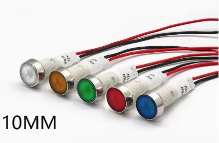 10mm stainless steel edge metal indicator light with wire in blue, green, red, white, and yellow colours.