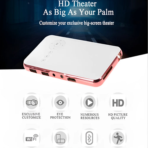 M6S miniature portable Android DLP projector in white and rose gold colours showing compact 145mm size