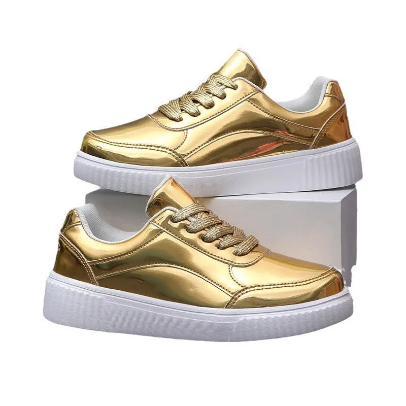 Gold sequin platform sneakers with a round toe and 3-5cm mid heel on a white background