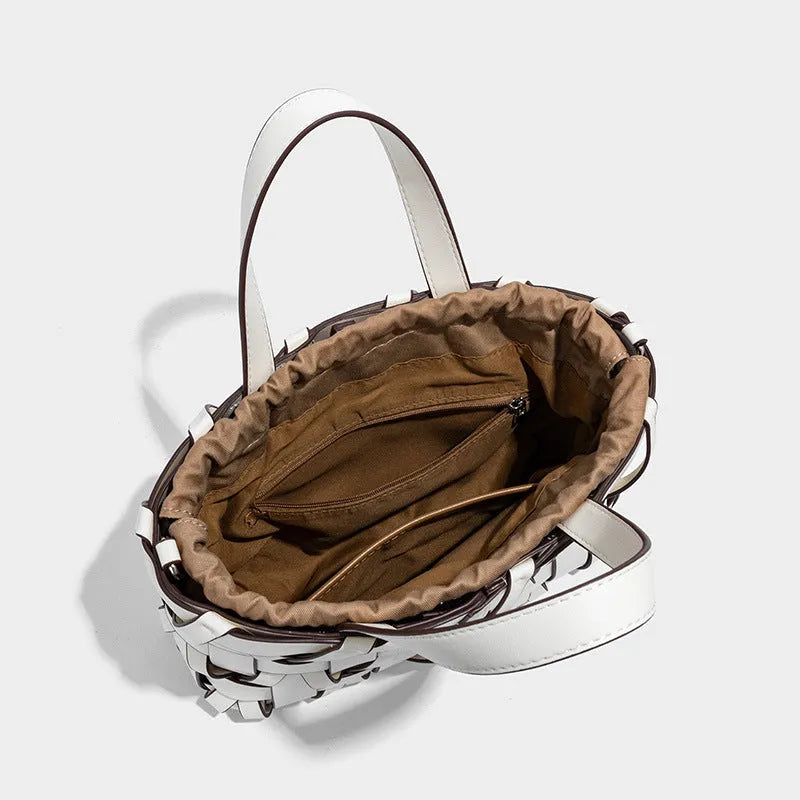 Women's hand-woven PU bucket handbag with open pocket, available in white, pink, brown, apricot, and black
