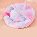 Pink plush enclosed cat bed with unicorn pattern, size S (35cm wide), for indoor pet sleep