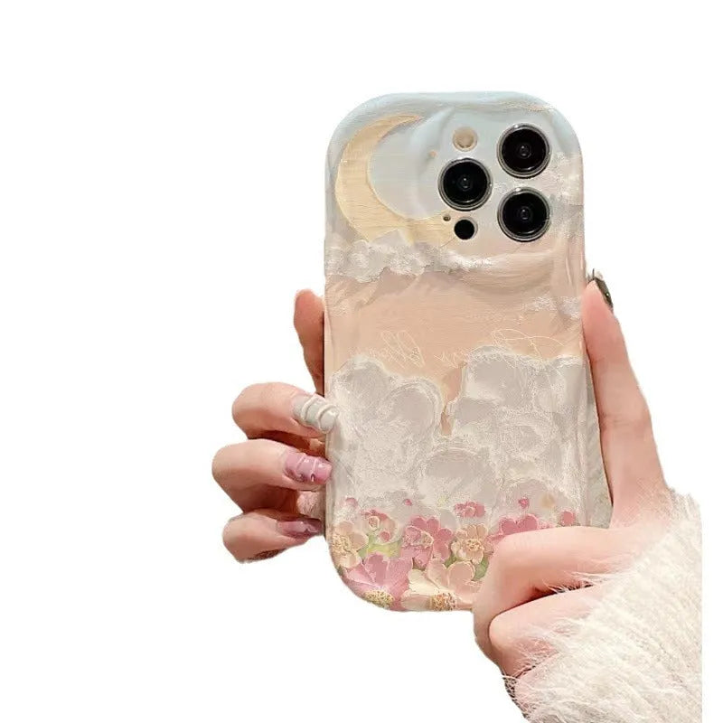 Cream Shell white TPU iPhone case with sea-of-flowers-on-cloud design, all-inclusive cute niche cover