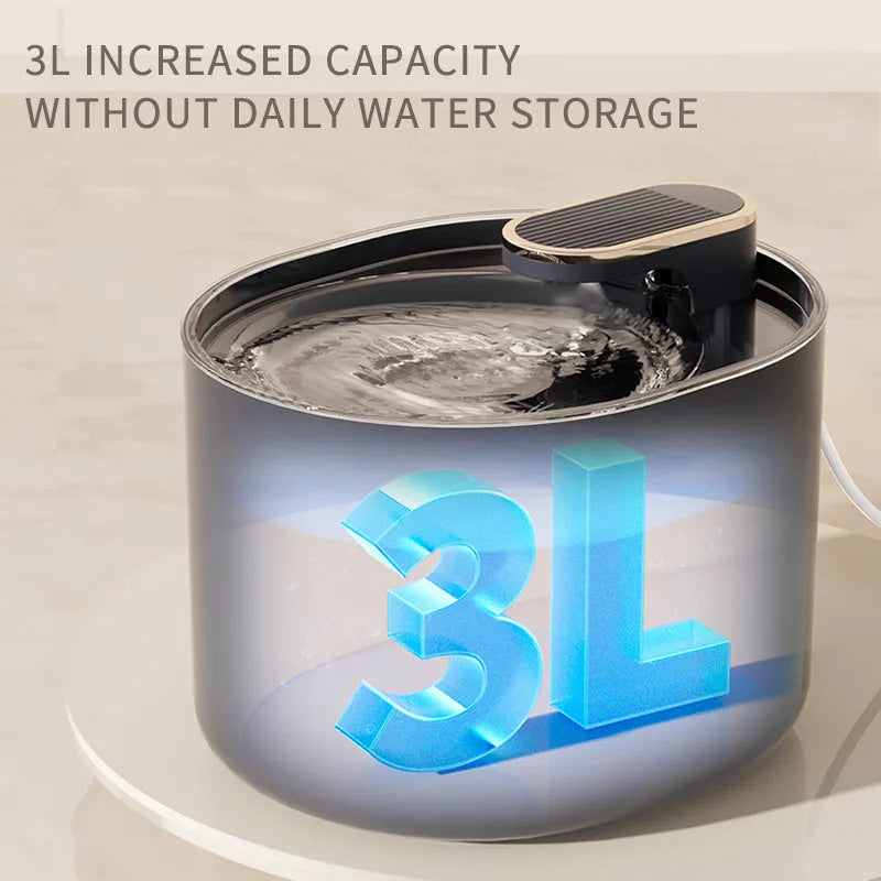 Automatic pet water fountain with USB cable, showing detachable bowl, pump, and filter in Berlin Blue colour.