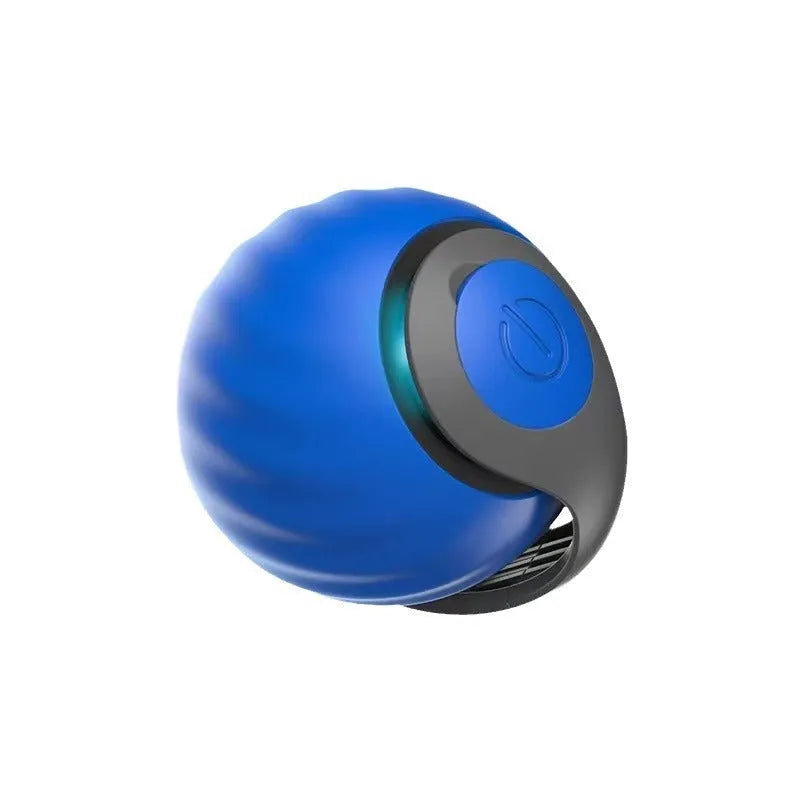 Blue interactive rolling ball pet toy for cats and dogs on indoor floor
