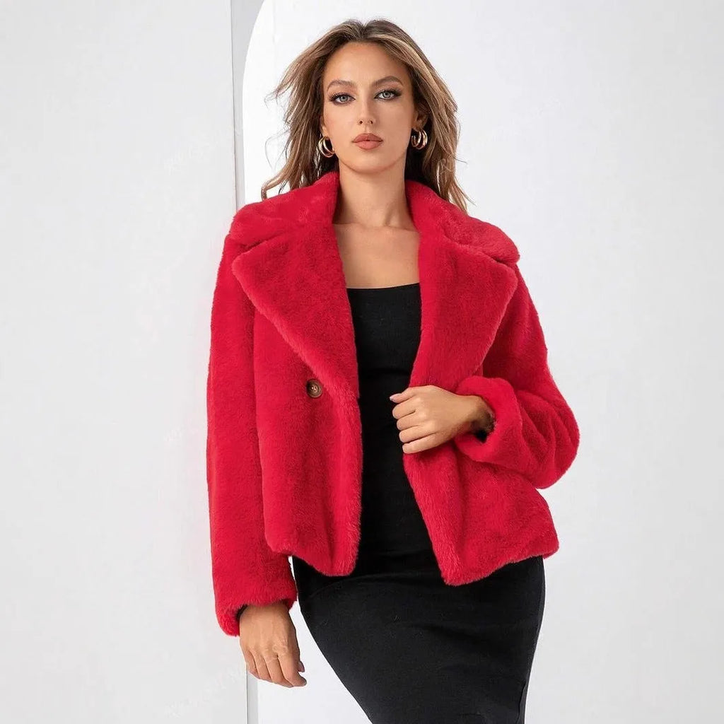 Women's short loose coat in rose red artificial faux fur with regular sleeves