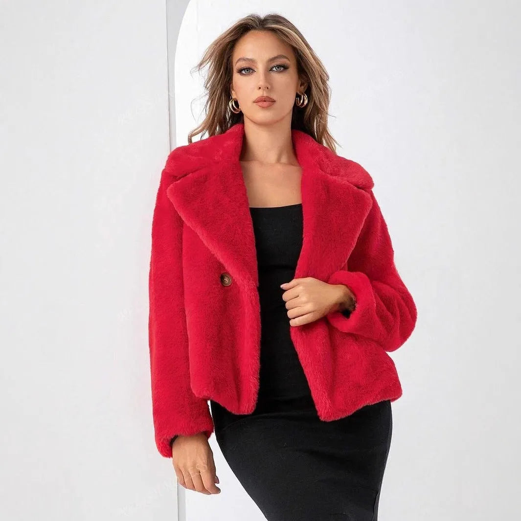 Women's short loose coat in rose red artificial faux fur with regular sleeves