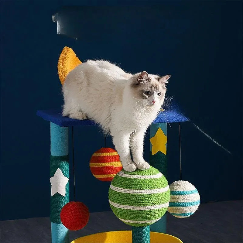 Star-shaped cat climbing frame with teddy velvet shelf nest and sisal scratching post in medium size cartoon style