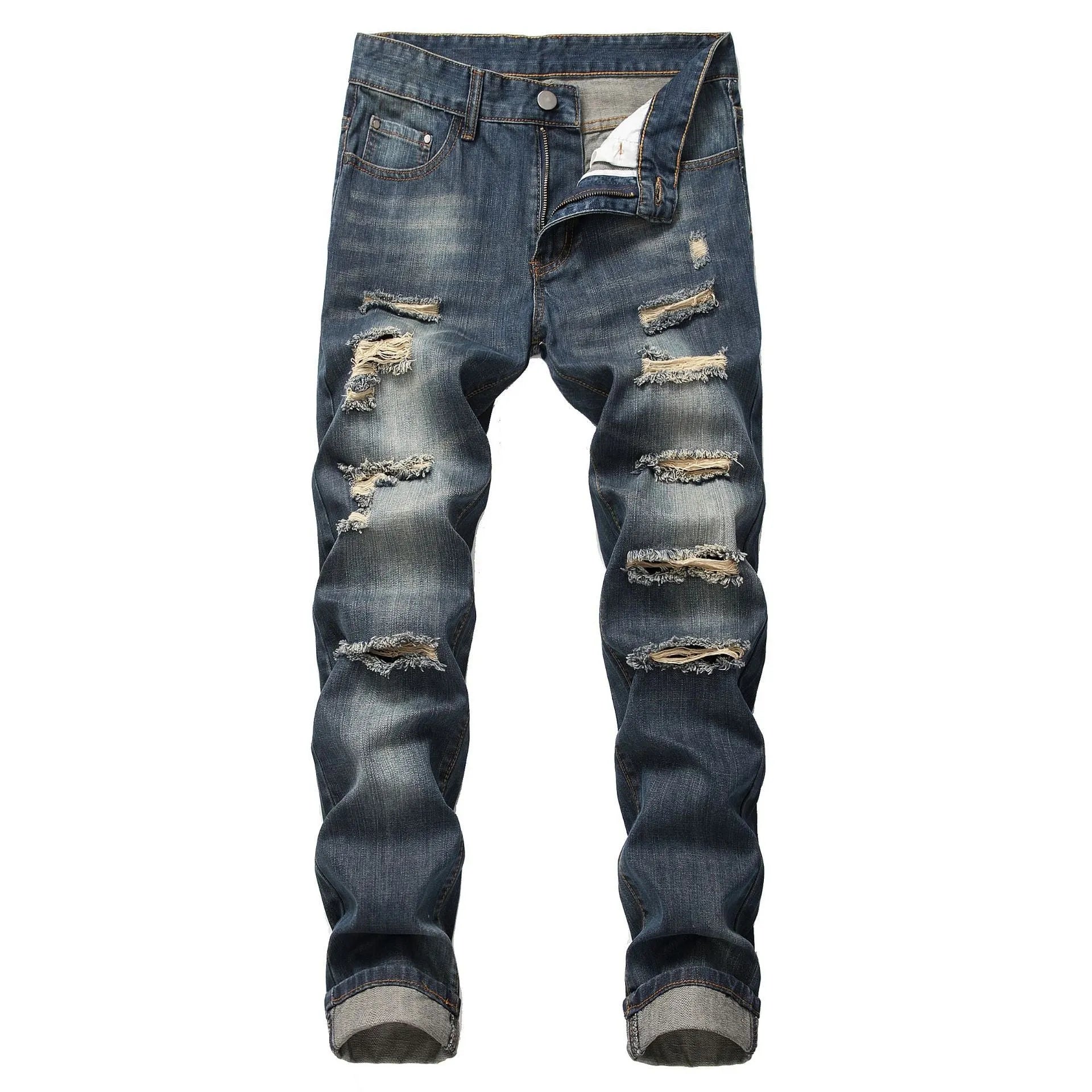 Cotton Blend Ripped Straight Denim Trousers for Men Mid Waist Zipper Fly Light Straight Leg Dark Blue Light Blue Nostalgia Sizes 28-42